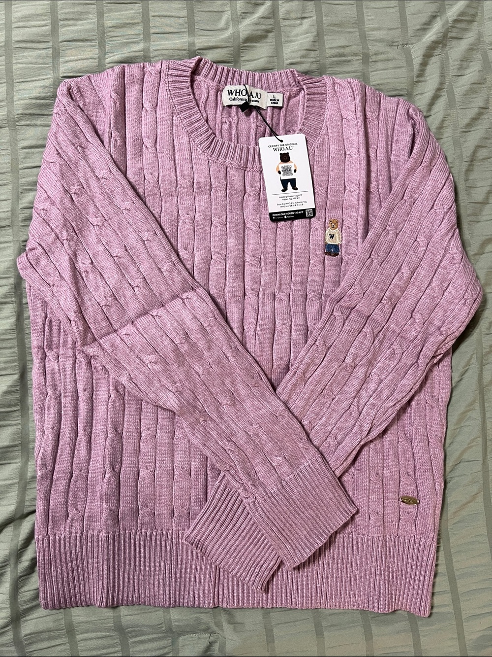 WHO.A.U Women’s Cable Knit Crewneck Sweater — Light Pink - Picture 2 of 3